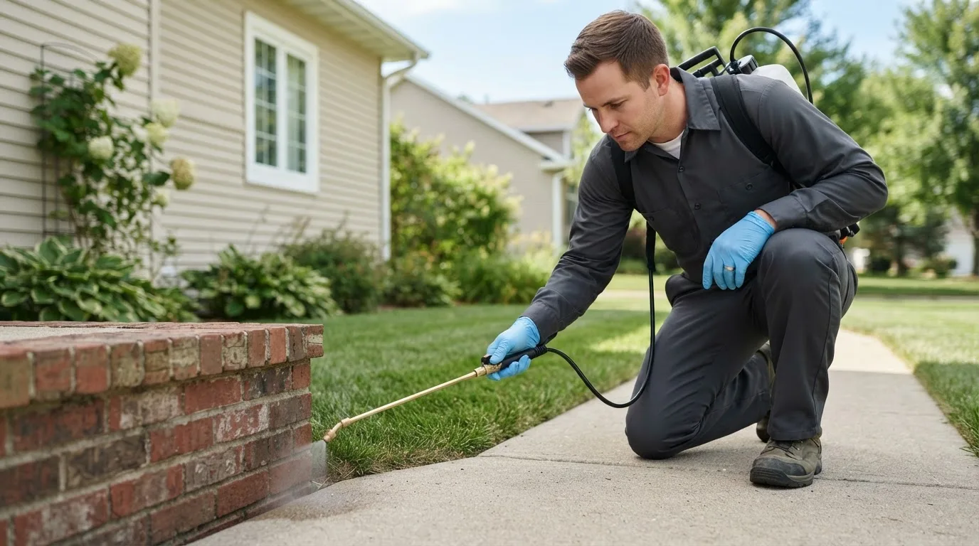 Pest control technician treating a home near Pottersdale, PA